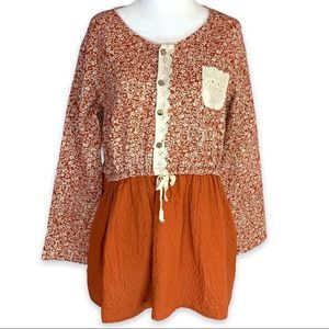 Qinsnow S Orange/Ivory Quilted Cotton Peasant Tunic Top Floral Print Peplum Lace